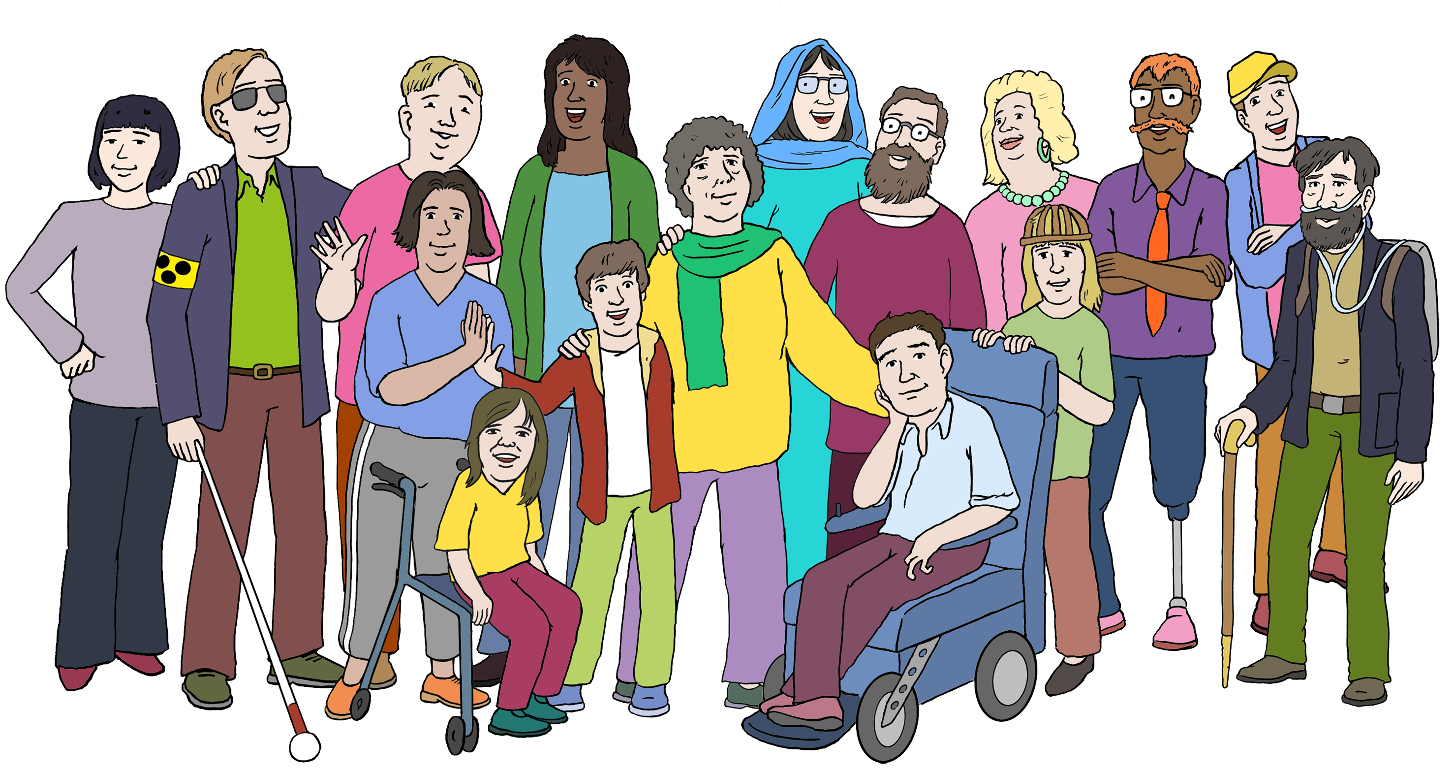 Illustration einer vielfältigen inklusiven Gruppe mit Menschen mit Behinderungen, u. a. Rollstuhl, Blindenstock, Prothese und Gehhilfe.