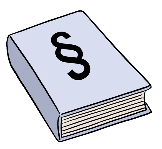 Illustration eines Gesetzbuchs mit Paragraphenzeichen auf dem Einband, leicht schräg dargestellt, freigestellt.
