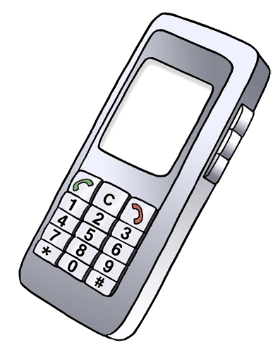 Illustration eines einfachen Mobiltelefons mit Tastenfeld und leerem Display, schräg dargestellt auf transparentem Hintergrund