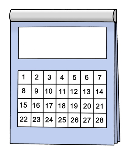 Illustration eines Kalenderblocks mit leerem Kopfbereich und Datumsraster von 1 bis 28 Tagen.