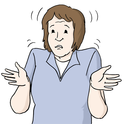 Illustration einer ratlosen Person mit hochgezogenen Schultern und offenen Händen, Ausdruck von Nichtverstehen, auf transparentem Hintergrund