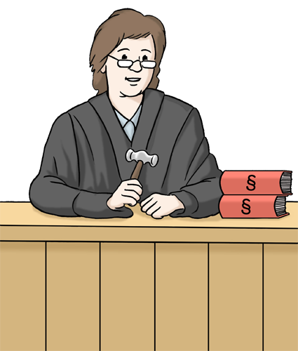 Illustration einer Richterin mit Hammer am Richtertisch, daneben zwei rote Gesetzbücher mit Paragrafenzeichen.