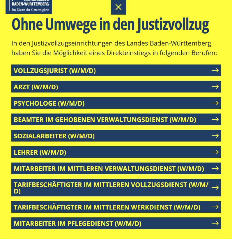 Screenshot einer gelben Navigationsliste zu Berufen im Justizvollzug Baden-Württemberg, z. B. Arzt, Psychologe, Lehrer und Sozialarbeiter.