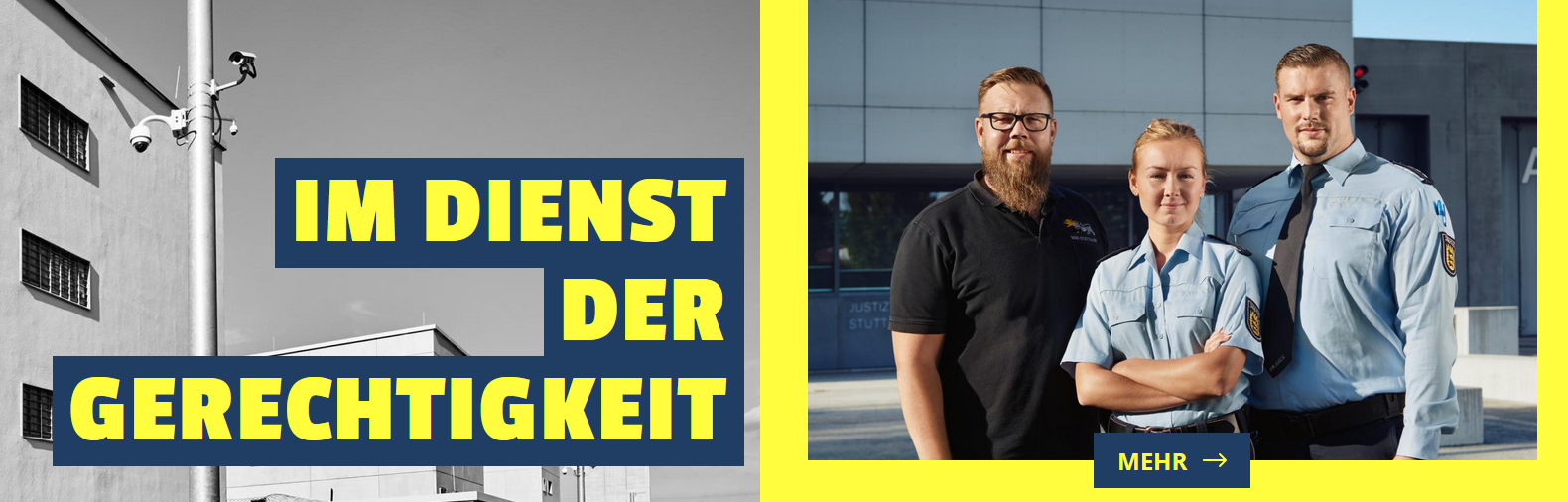 Screenshot eines Werbebanners: Überwachungskameras, drei Justizbedienstete vor Gebäude, Text „IM DIENST DER GERECHTIGKEIT“ und Button „MEHR“.