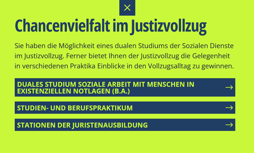 Screenshot einer Navigationsseite „Chancenvielfalt im Justizvollzug“ mit Text und drei dunkelblauen Auswahlbuttons auf hellgrünem Hintergrund.