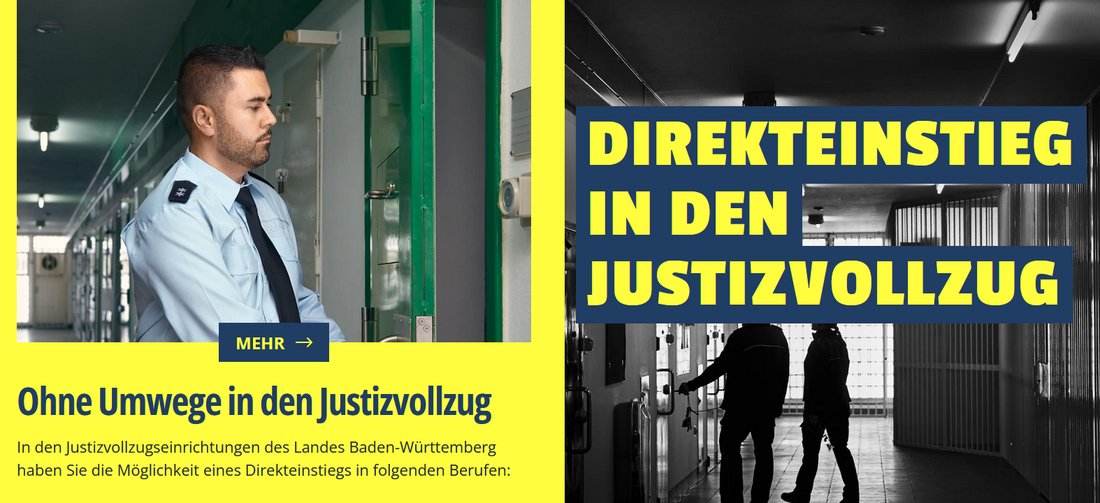 Screenshot einer Webseite zum Direkteinstieg in den Justizvollzug mit Flurfoto, Person in Uniform und großem Titeltext.