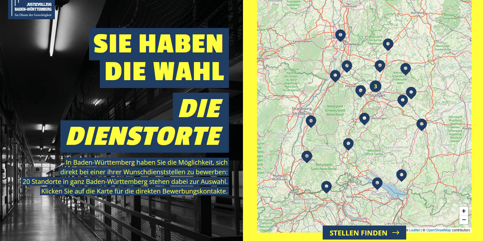 Screenshot einer Karriereseite des Justizvollzugs Baden-Württemberg: „Sie haben die Wahl – Die Dienstorte“ neben Karte mit Standortmarkern.
