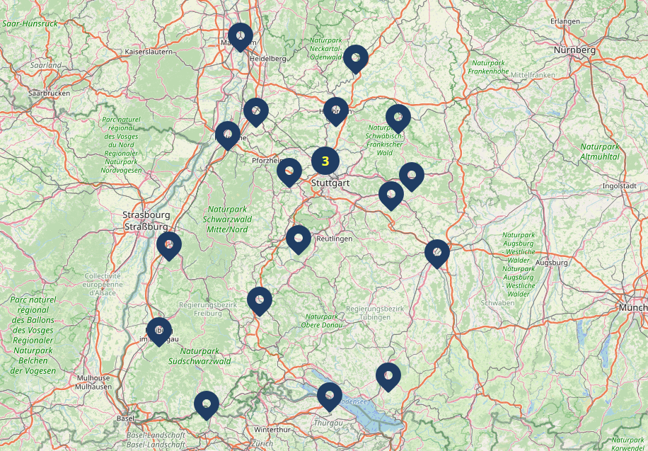 Screenshot einer Landkarte von Baden-Württemberg und Umgebung mit mehreren blauen Standortmarkern, Schwerpunkt im Raum Stuttgart.