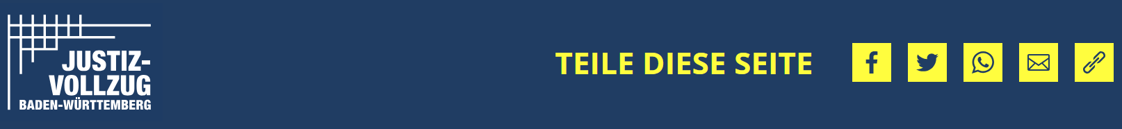 Screenshot einer blauen Navigationsleiste von Justizvollzug Baden-Württemberg mit „Teile diese Seite“ und Social-Media-Symbolen.