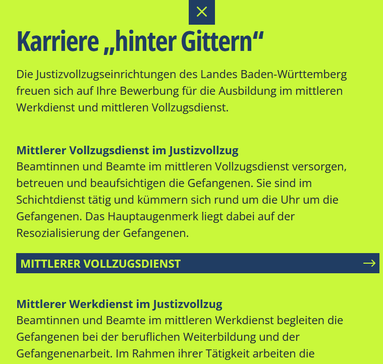 Screenshot einer Karriereseite des Justizvollzugs Baden-Württemberg mit Infos zu „Karriere hinter Gittern“ und mittlerem Vollzugsdienst.