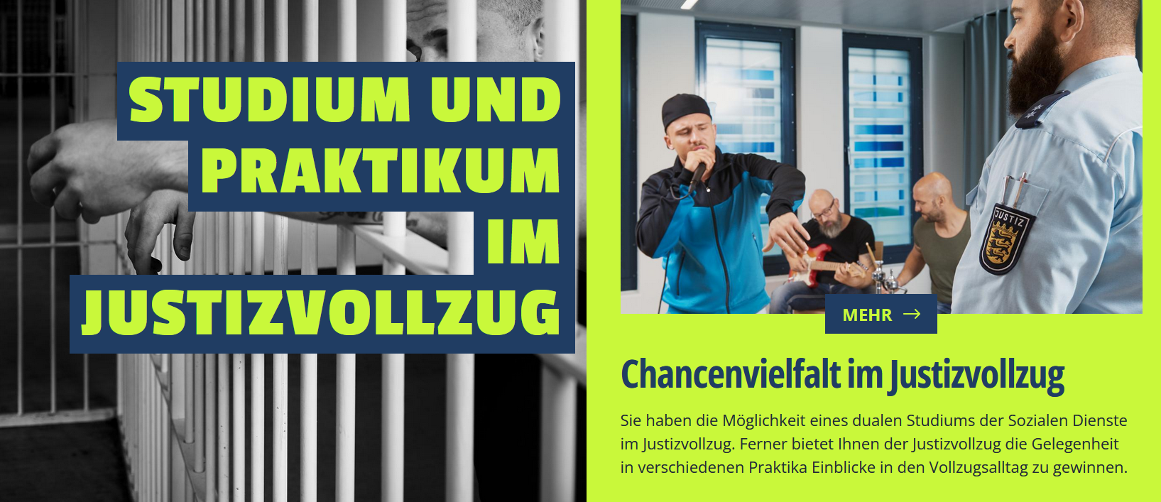 Screenshot einer Webseite zum Thema Studium und Praktikum im Justizvollzug, mit Gefängnisgittern, Musikszene und Justizbeamtem.