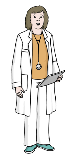 Illustration einer Ärztin im weißen Kittel mit Stethoskop und Klemmbrett, stehend, auf transparentem Hintergrund