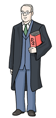 Illustration einer Person im Anwaltsmantel mit Brille, Anzug und grünem Binder, die ein rotes Gesetzbuch trägt.