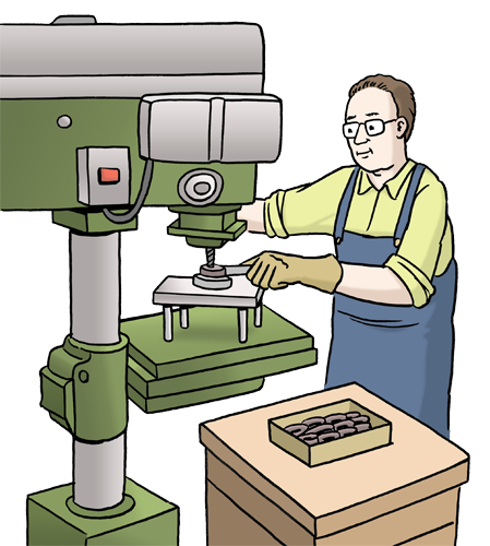 Illustration einer Person mit Schutzbrille und Handschuhen an einer Standbohrmaschine, daneben ein Tisch mit Werkstücken.
