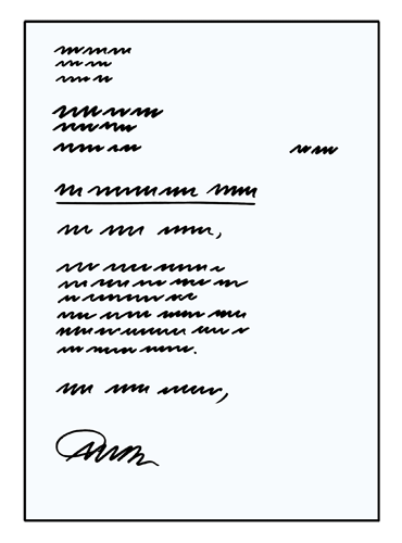 Illustration eines Briefs mit handschriftähnlichem Text, unterstrichener Betreffzeile und Unterschrift in schwarzem Rahmen.