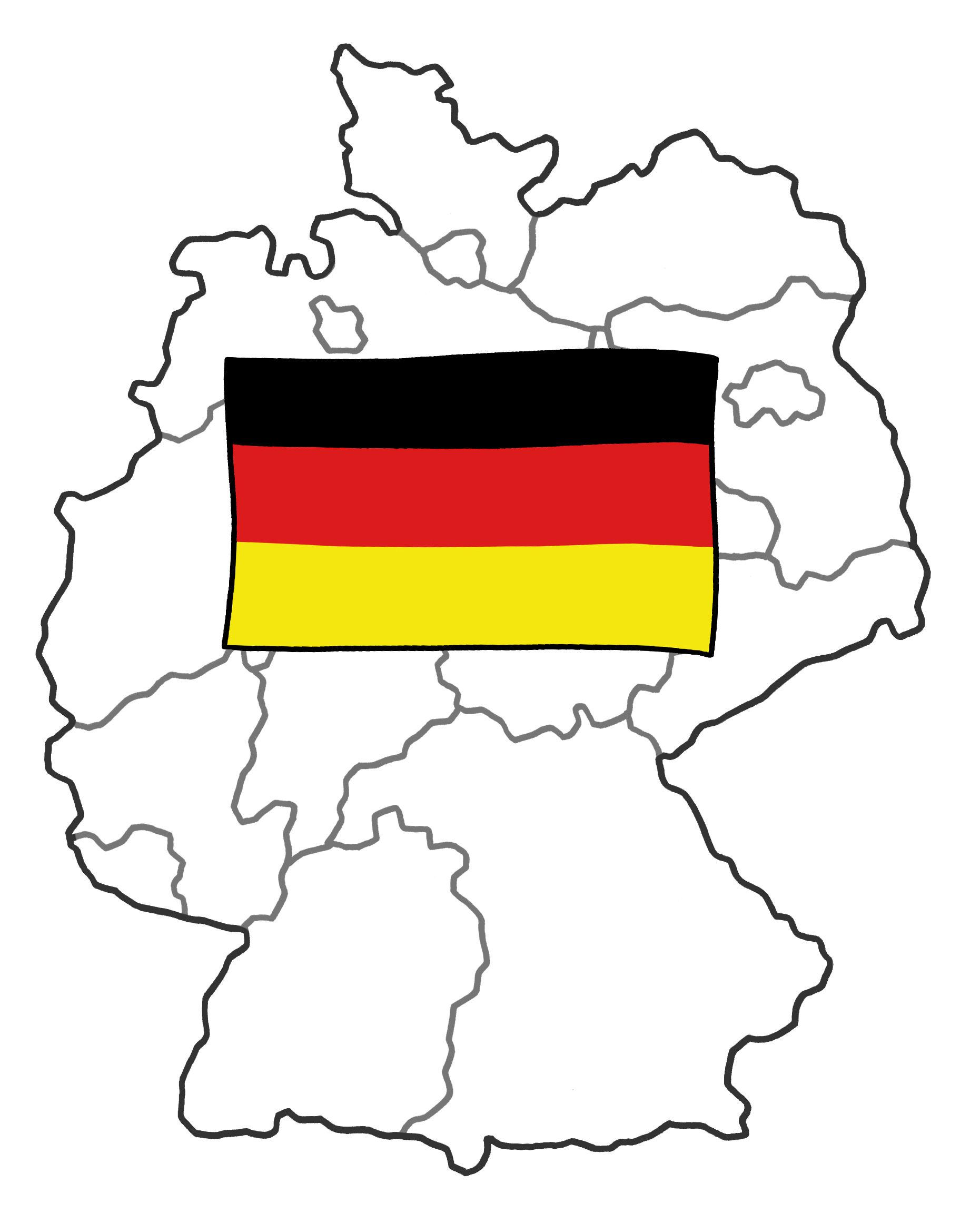 Umrisskarte von Deutschland mit eingezeichneten Bundesländern, darüber zentral die deutsche Flagge in Schwarz, Rot und Gold.