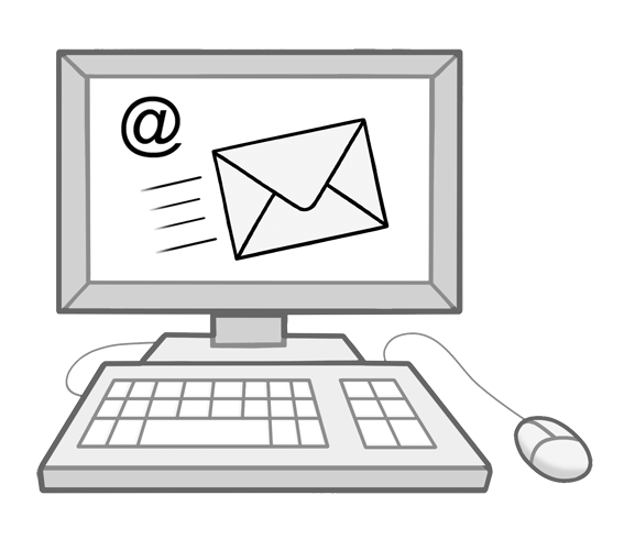 Illustration eines Computers mit Tastatur und Maus; auf dem Bildschirm sind ein @-Symbol und ein Briefumschlag als E-Mail-Symbol zu sehen.