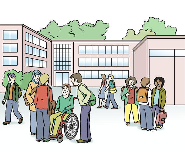 Illustration einer Schule von außen mit mehreren Schülern vor dem Gebäude, darunter eine Person im Rollstuhl, Bäume im Hintergrund.