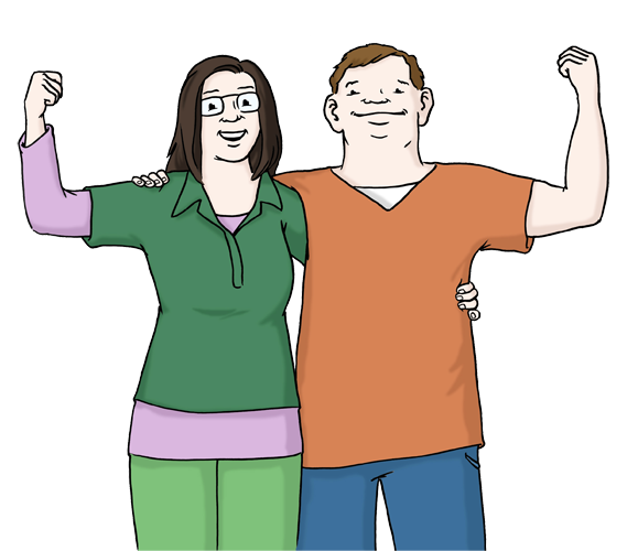 Zwei lächelnde Personen stehen Arm in Arm und zeigen ihre Muskeln in einer Comic-Illustration.