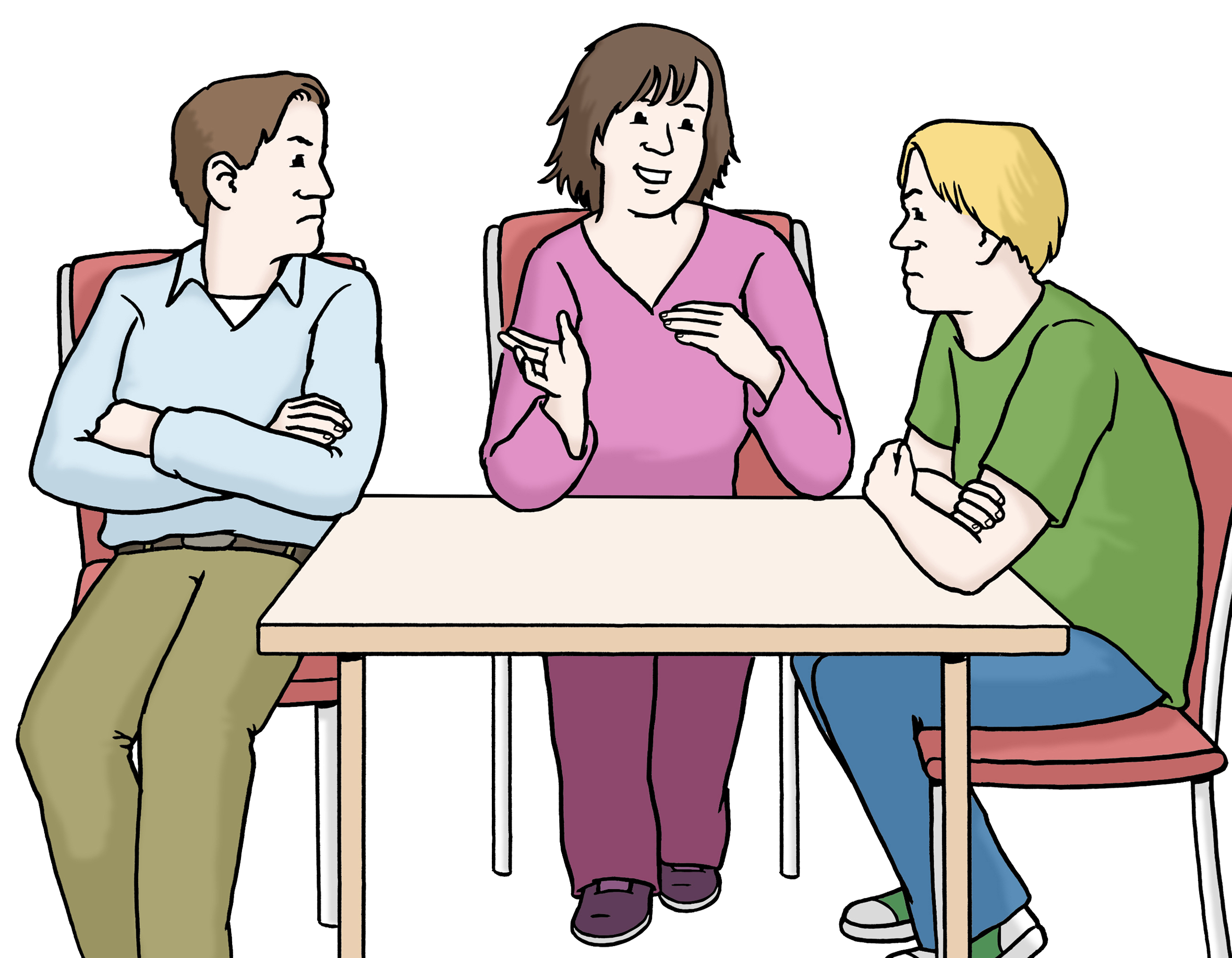 Illustration: Drei Personen sitzen am Tisch, eine in der Mitte vermittelt in einem Streitgespräch zwischen den beiden anderen.