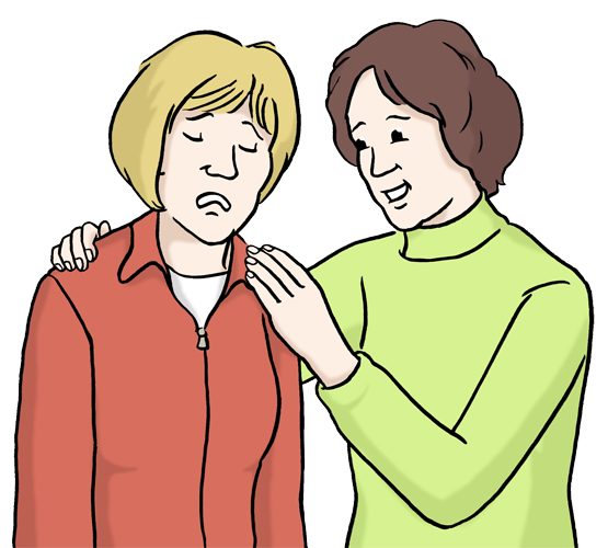 Illustration von zwei Personen, eine wirkt traurig, die andere legt tröstend Hände auf Schulter und Arm.