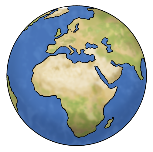 Illustrierte Erdkugel mit Europa, Afrika und Teilen Asiens auf weißem Hintergrund.