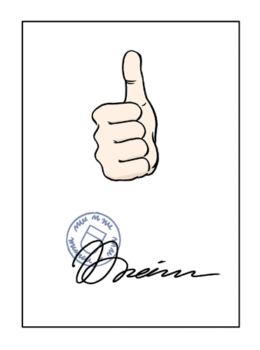 Illustration einer Hand mit erhobenem Daumen über einer Unterschrift und rundem Stempel auf weißem Hintergrund.